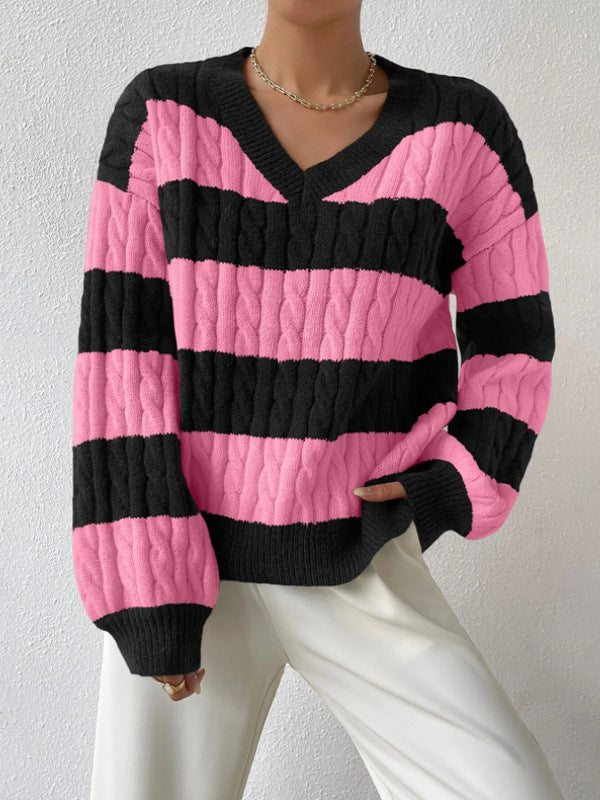 Olivia Cable-Knit Varsity Sweater | Striped Casual Sweater