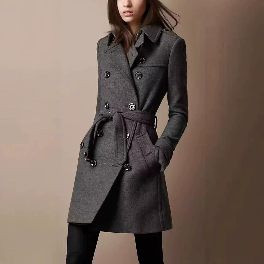 Women's Coat – Slim Fit – Wool Texture – Double-Breasted Closure – Belt – Mid-Length