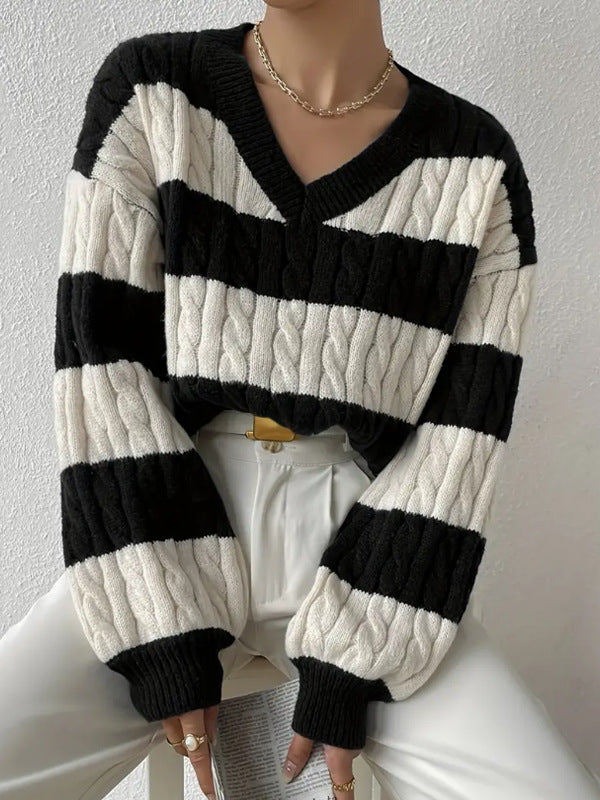 Olivia Cable-Knit Varsity Sweater | Striped Casual Sweater