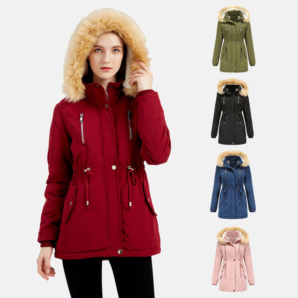 Women's Parka Coat – Adjustable Waist – Detachable Fur Collar – Windproof Cuffs