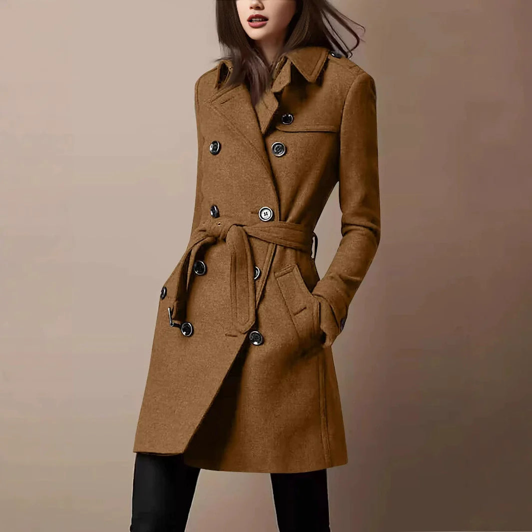 Women's Coat – Slim Fit – Wool Texture – Double-Breasted Closure – Belt – Mid-Length