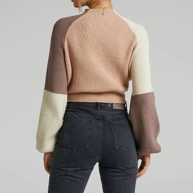 Women's sweater – Oversized fit – Knitted rib pattern – Turtleneck – Balloon sleeves – Cropped