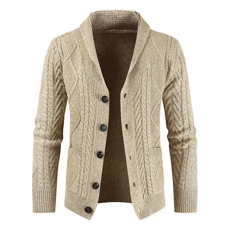 Men's Cardigan – Wool Cable Knit – Regular Fit – Shawl Collar – Button Closure – Pockets