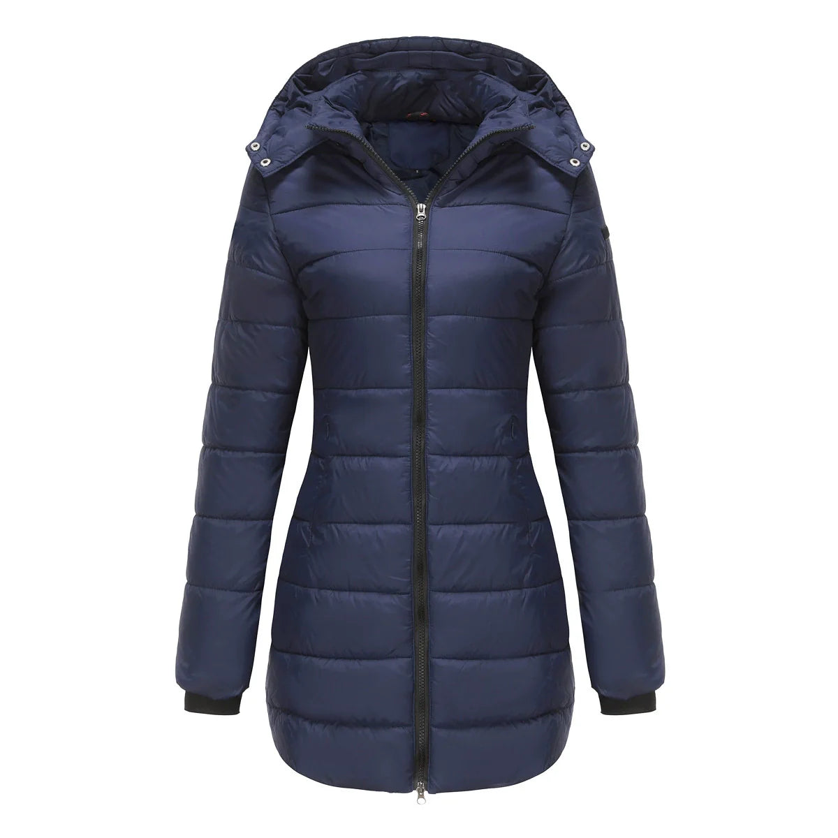 Ladies Puffer Jacket – Padded – Detachable Hood – Ribbed Cuffs – Mid-Length Model