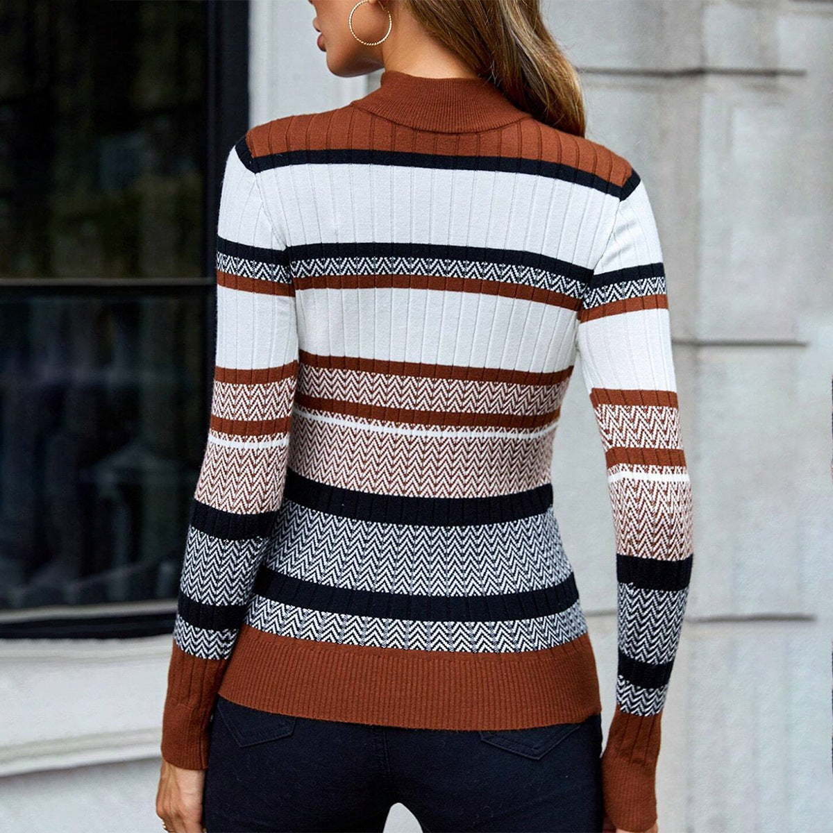 Ladies Sweater – Slim Fit – Ribbed Fabric – Semi High Neck – Striped Pattern
