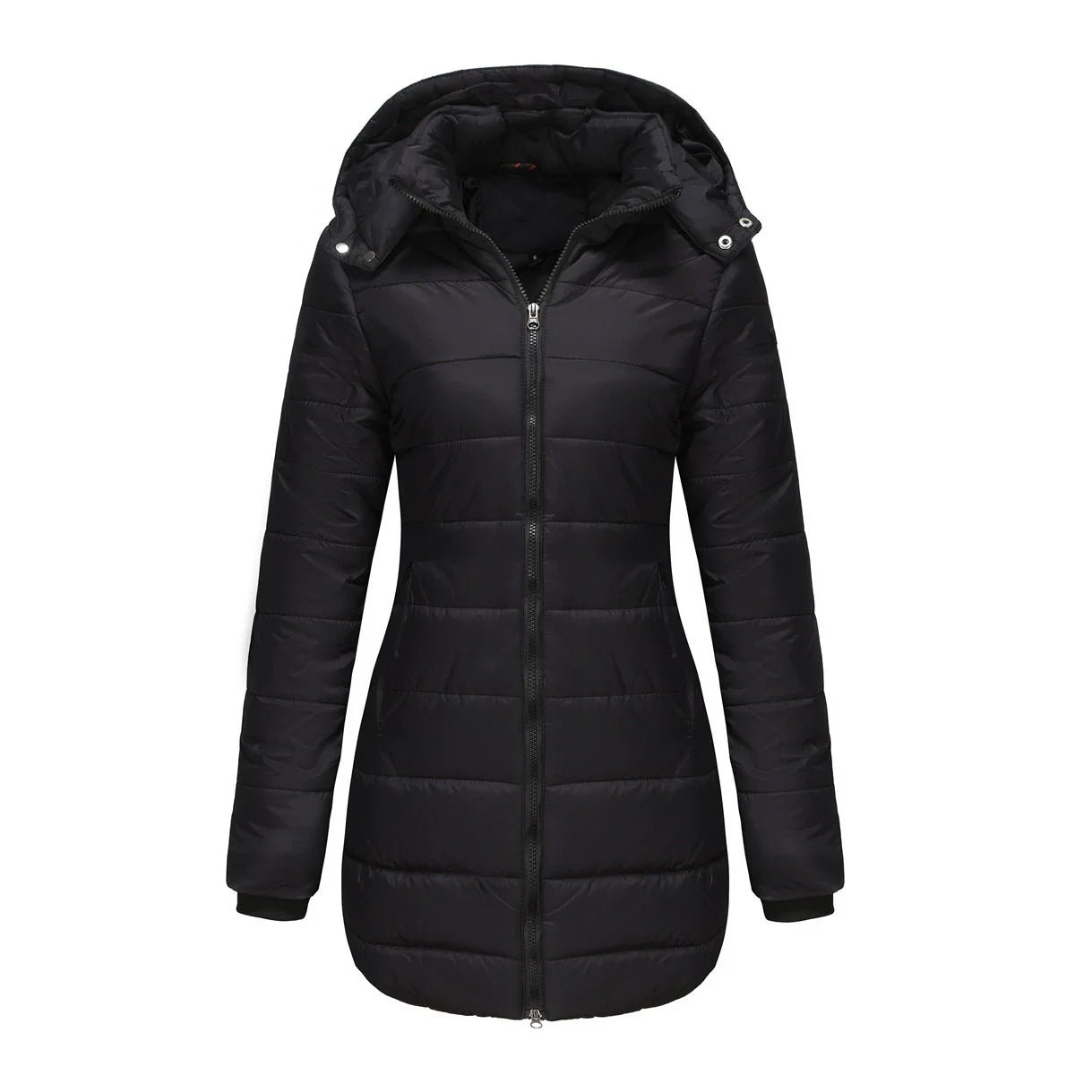 Ladies Puffer Jacket – Padded – Detachable Hood – Ribbed Cuffs – Mid-Length Model