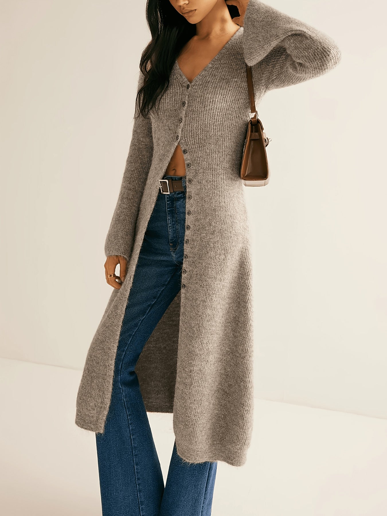 Women's Knitted Long Jacket – Slim Fit – Woolmix – V-Neck – Button Closure – Midi – Long Sleeves