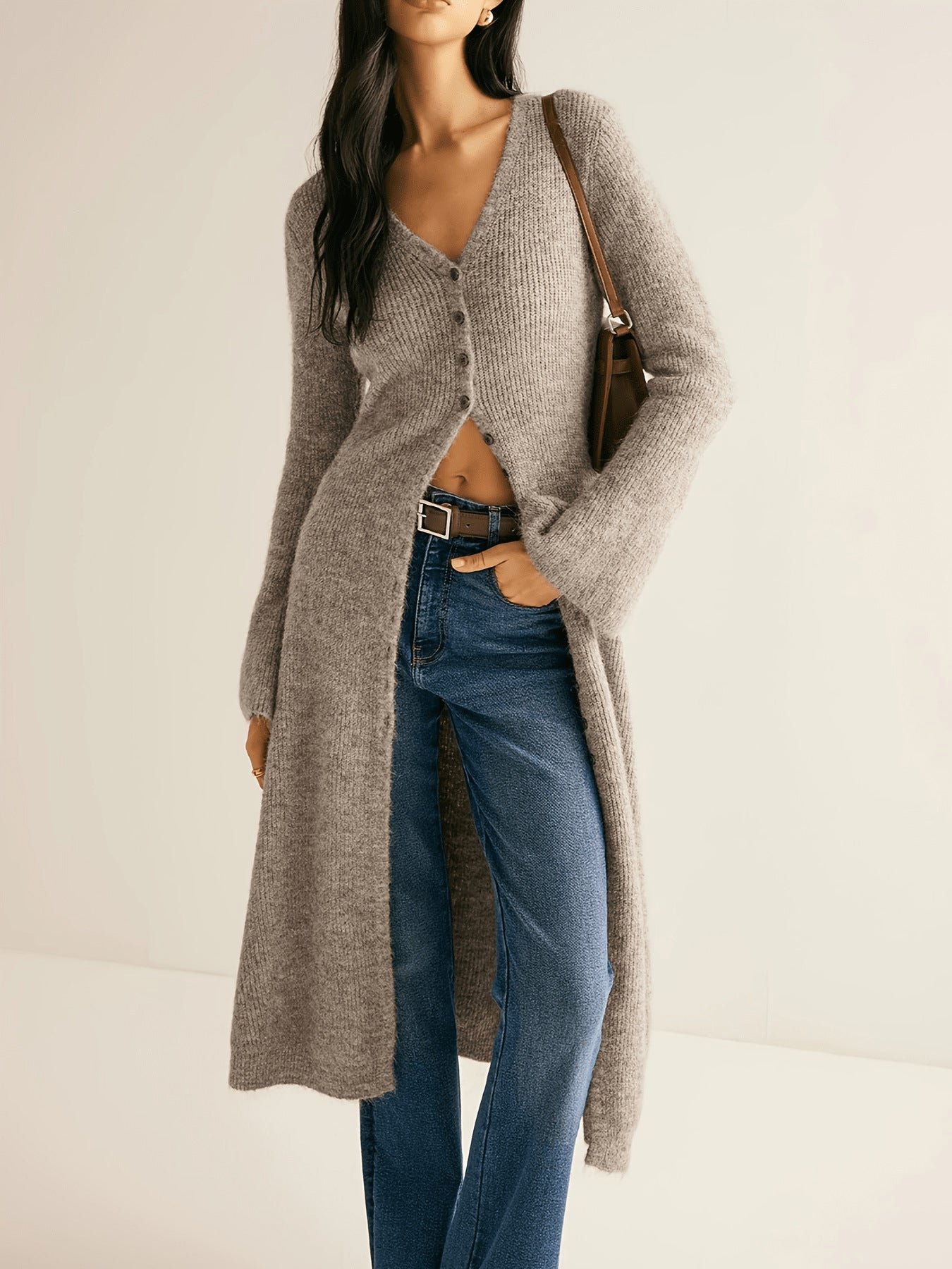 Women's Knitted Long Jacket – Slim Fit – Woolmix – V-Neck – Button Closure – Midi – Long Sleeves