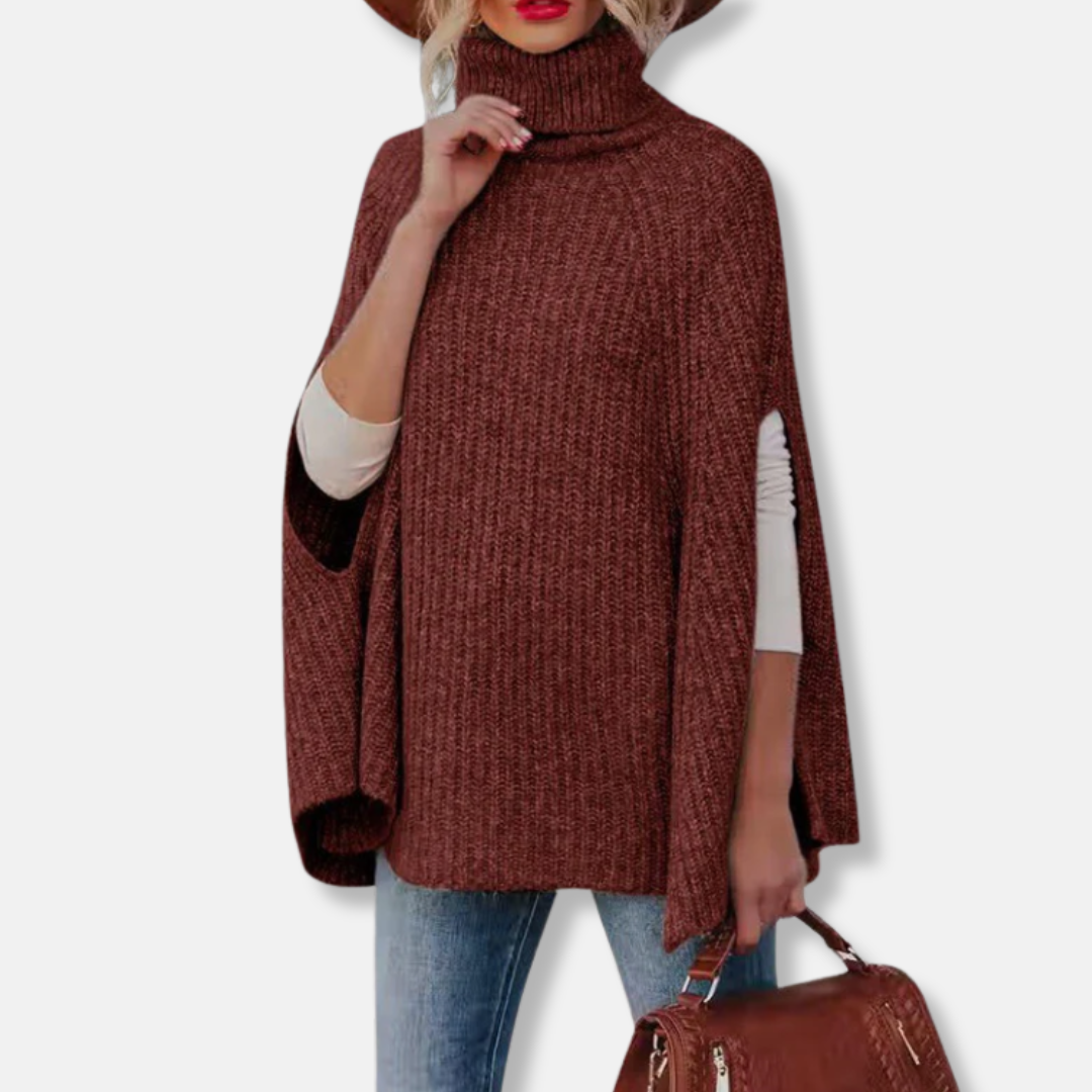 Ladies Cape Sweater – Loose Fit – High Collar – Ribbed Texture – Wool Mix