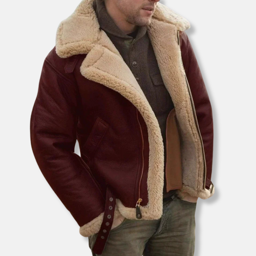 Men's Aviator Jacket – Leather Look – Shearling Collar and Cuffs – Adjustable Buckles – Zip Closure