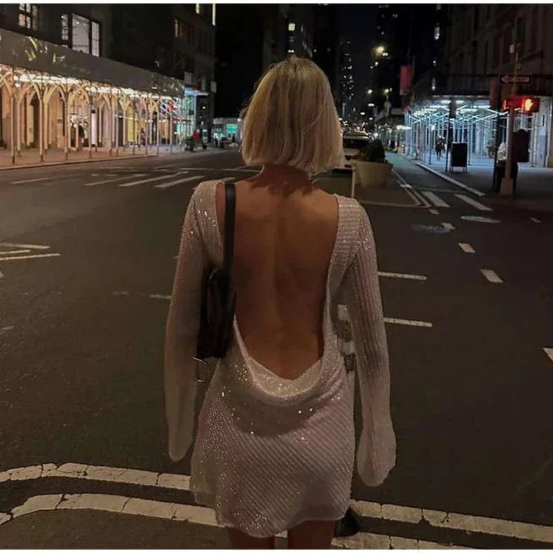 Sparkling Backless Long Sleeves Mini Dress
