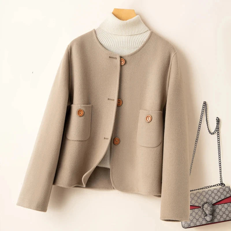 Ladies Coat – Wool Mix – Cropped Model – Relaxed Structure – Collarless Round Neck Design