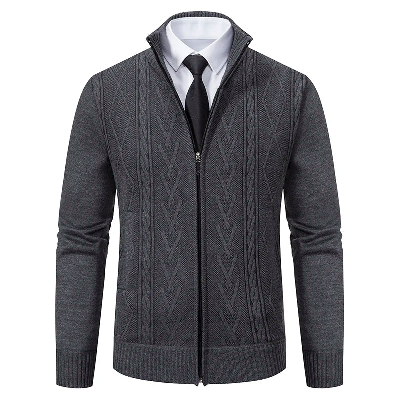 Men's Zip-Up Cardigan – Slim Fit – Knitted Pattern – High Collar