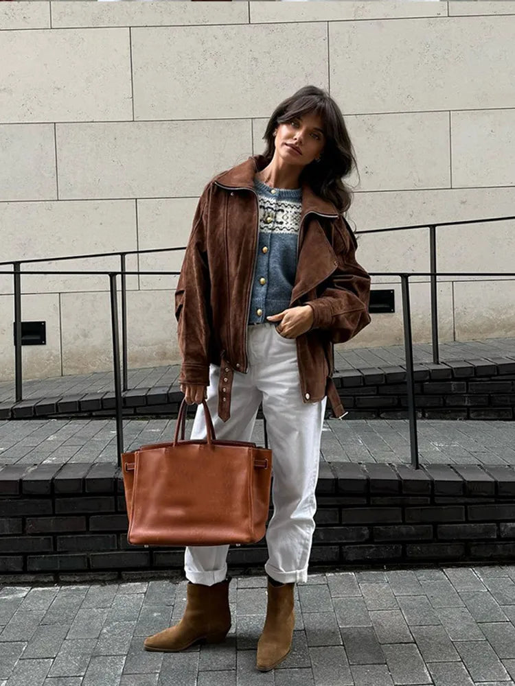 Jade Oversized Biker Jacket | Belted Jacket With Notched Lapel