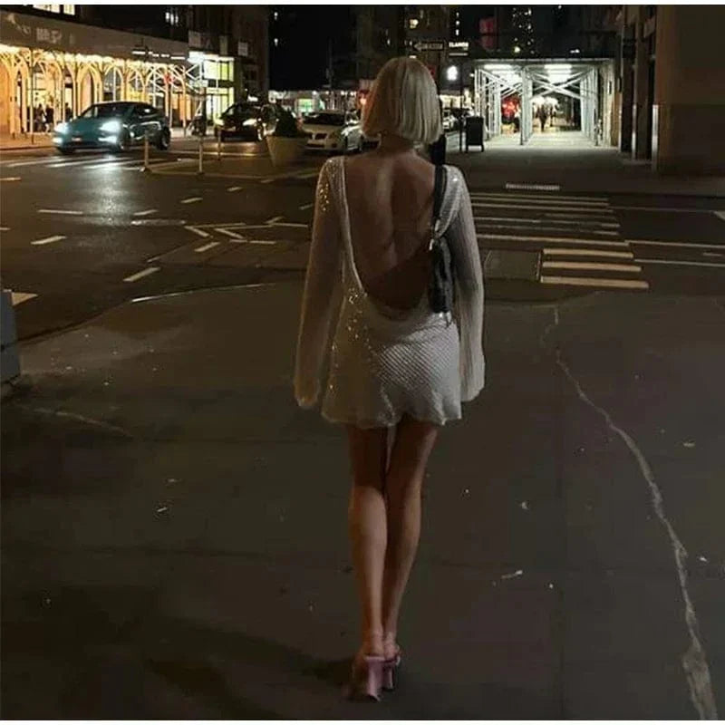 Sparkling Backless Long Sleeves Mini Dress