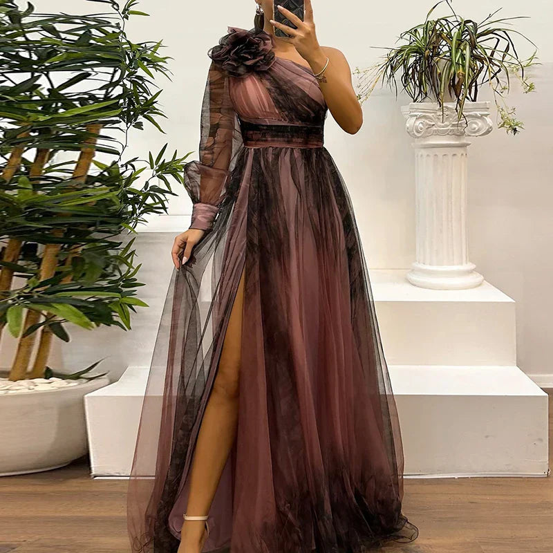 Elegant One Shoulder Mesh Print Maxi Dress
