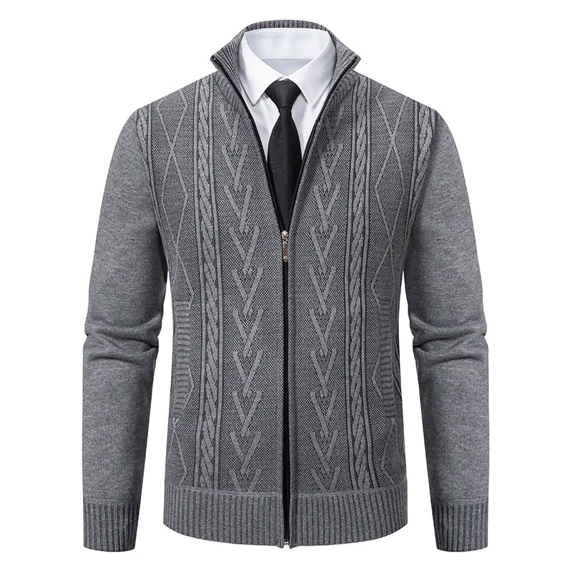 Men's Zip-Up Cardigan – Slim Fit – Knitted Pattern – High Collar