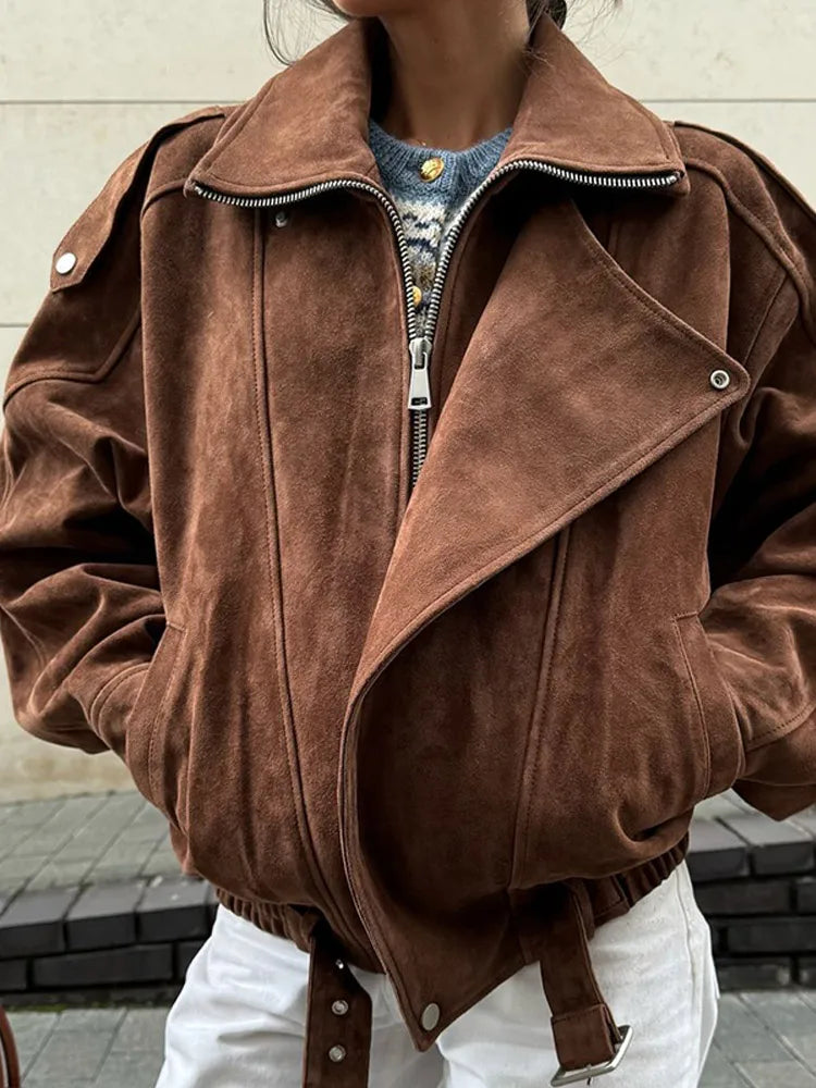 Jade Oversized Biker Jacket | Belted Jacket With Notched Lapel