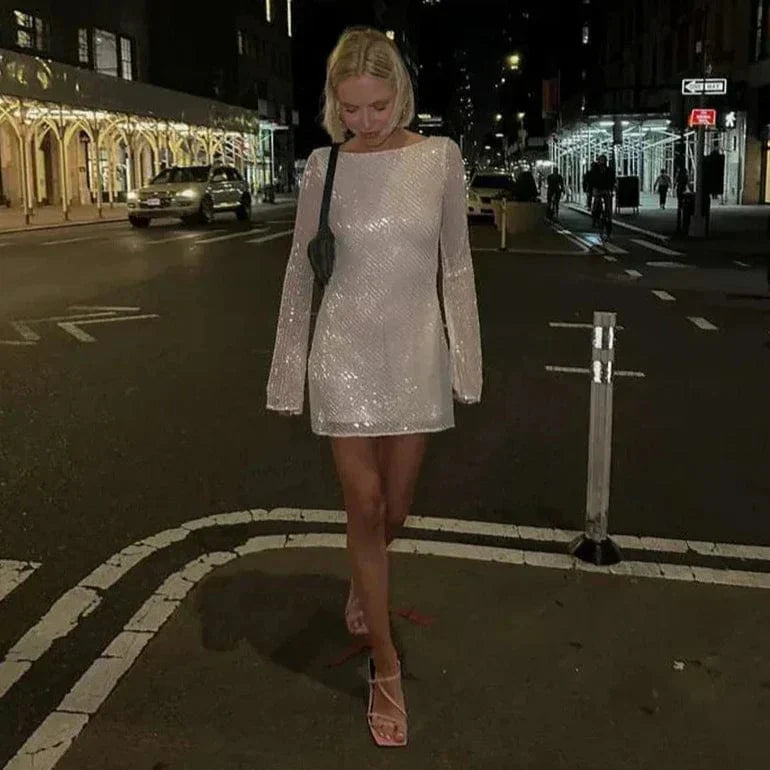 Sparkling Backless Long Sleeves Mini Dress