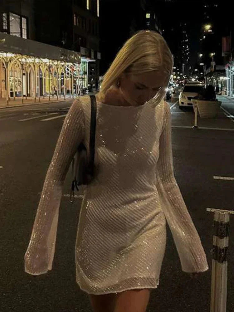 Sparkling Backless Long Sleeves Mini Dress