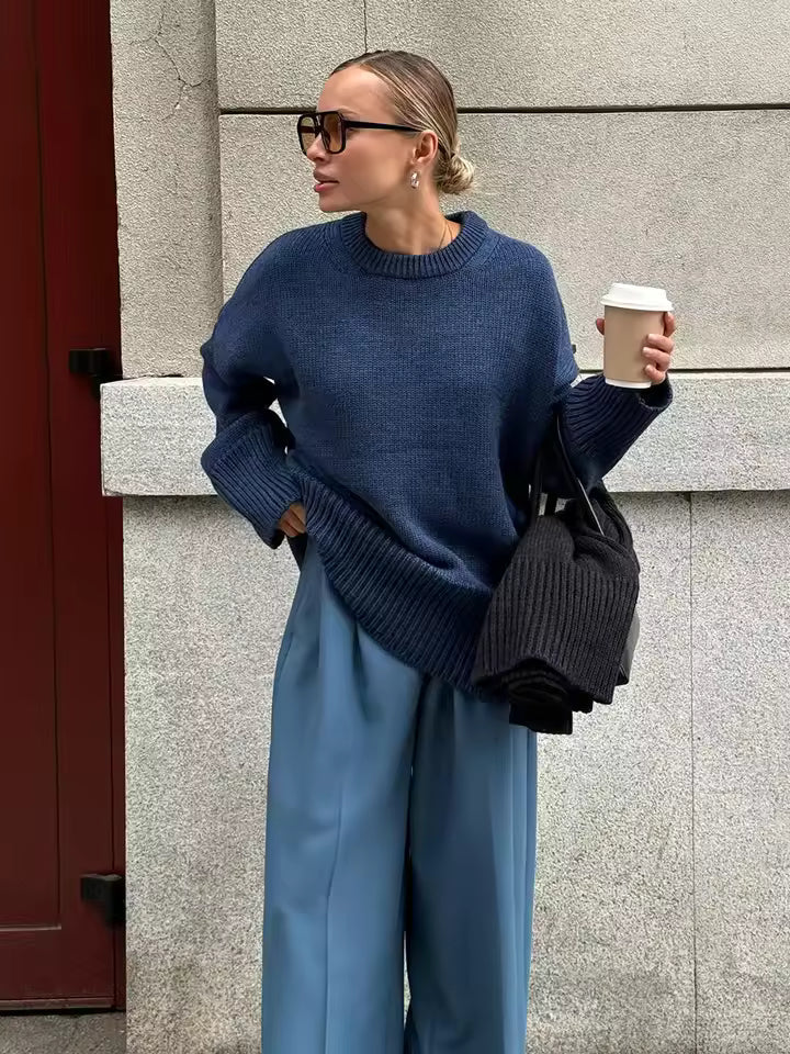 Ladies Sweater – Oversized Fit – Knitted Wool – Wide Round Neck – Ribbed Edges