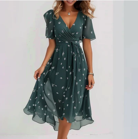 Elegant Ladies Wrap Midi Dress with Flutter Sleeves and V-Neck