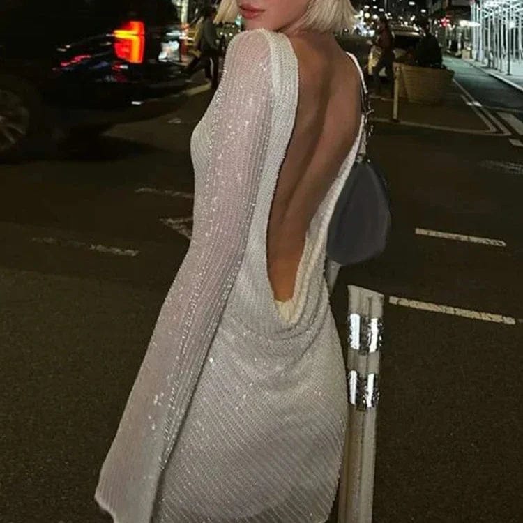Sparkling Backless Long Sleeves Mini Dress