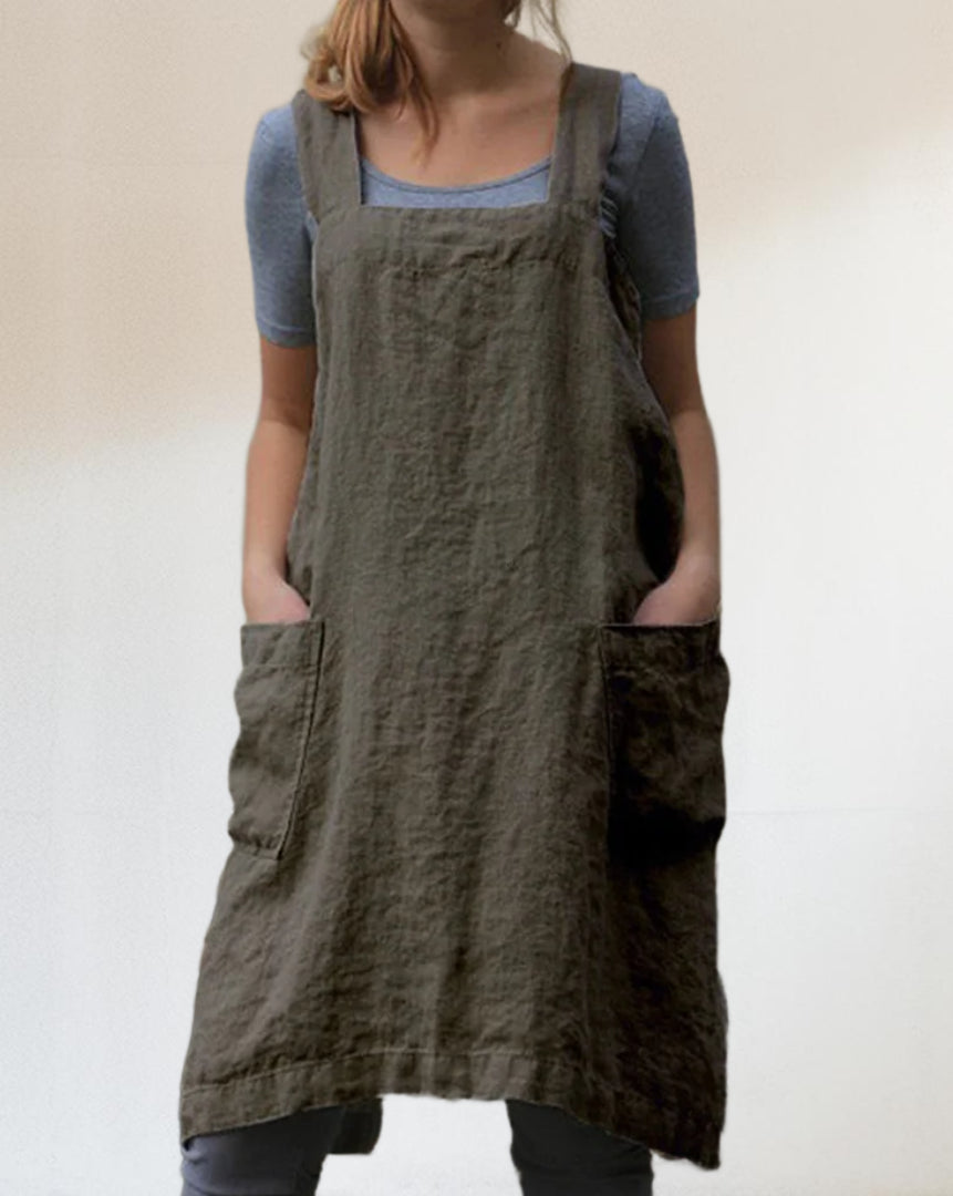 Cotton-Linen Apron Dress with Pockets for Women