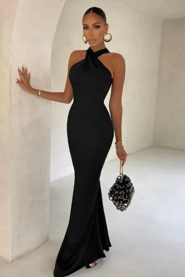Stylish Maxi Dress with Cross Halter Neck