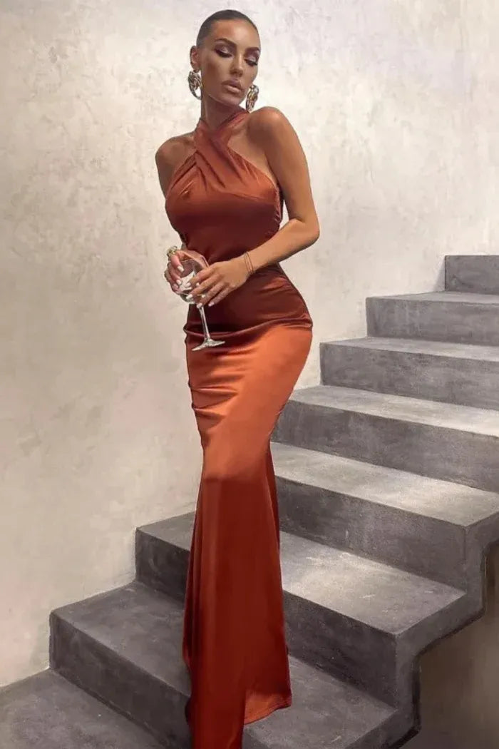 Stylish Maxi Dress with Cross Halter Neck