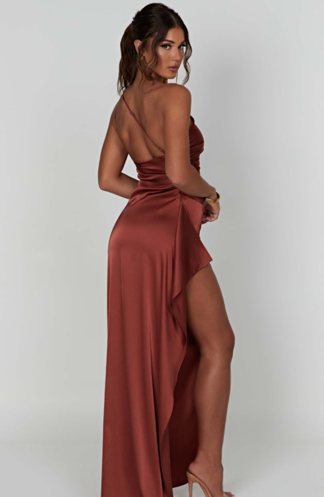 Ladies Maxi Dress – Satin – One Shoulder – Fitted – High Split – Elegant