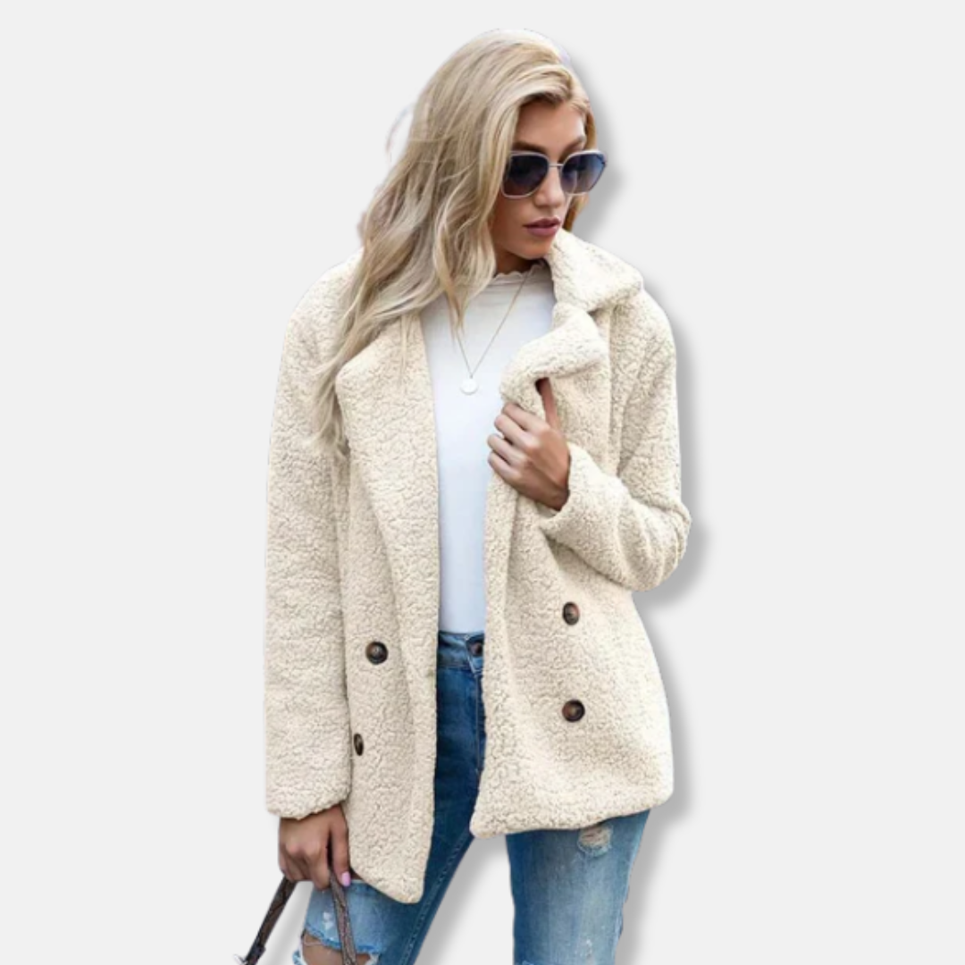 Ladies Coat – Double-Breasted – Relaxed Fit – Soft Texture – Hip Length – Notched Lapel