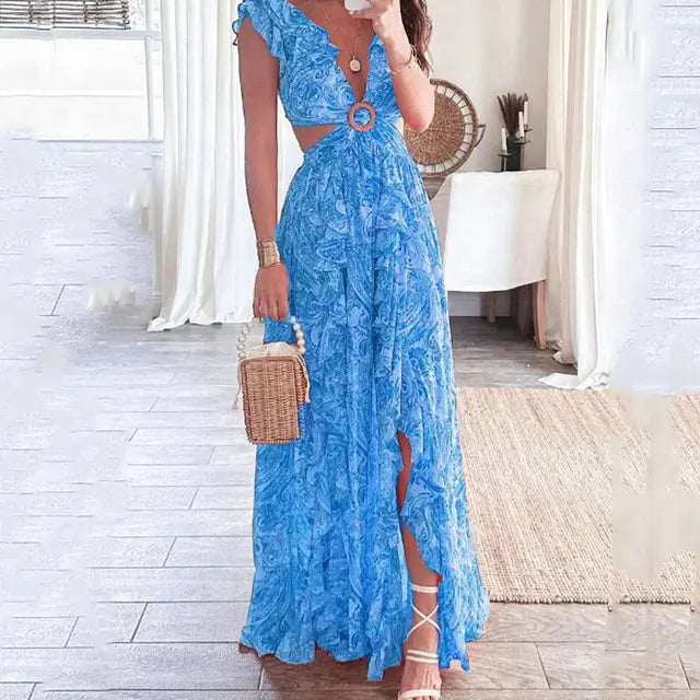 Chic V-Neck Maxi Dress with Floralprint