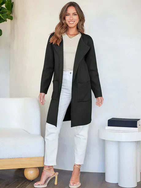 Women's Open-Front Cardigan – Relaxed Fit – Long Sleeves – Mid-Length – With Patch Pockets