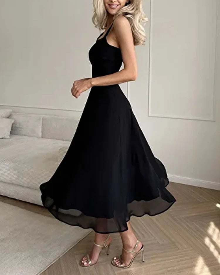 Elegant Silk Chiffon Maxi Dress with Square Neckline