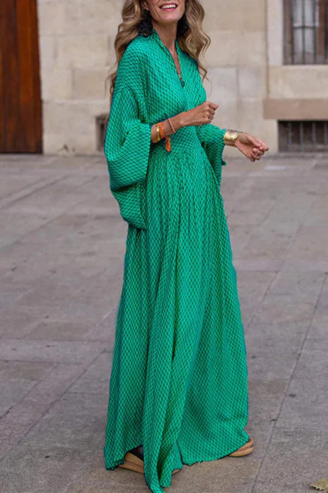 Maxi Dress with Geometric Print, V-Neck and Long Sleeves