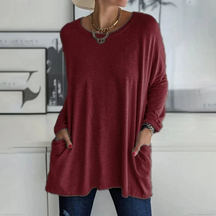 Women's Tunic Top – Loose Fit – Soft Knit Fabric – Long Sleeve – With Pockets