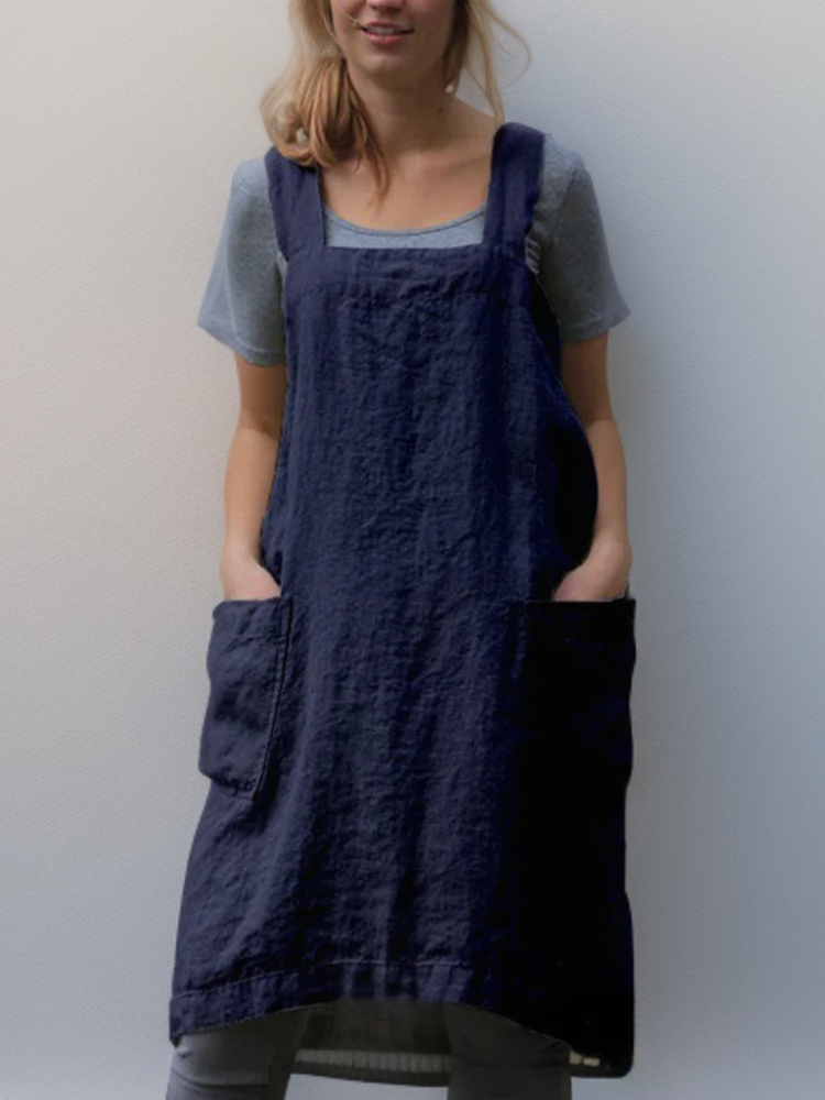 Cotton-Linen Apron Dress with Pockets for Women