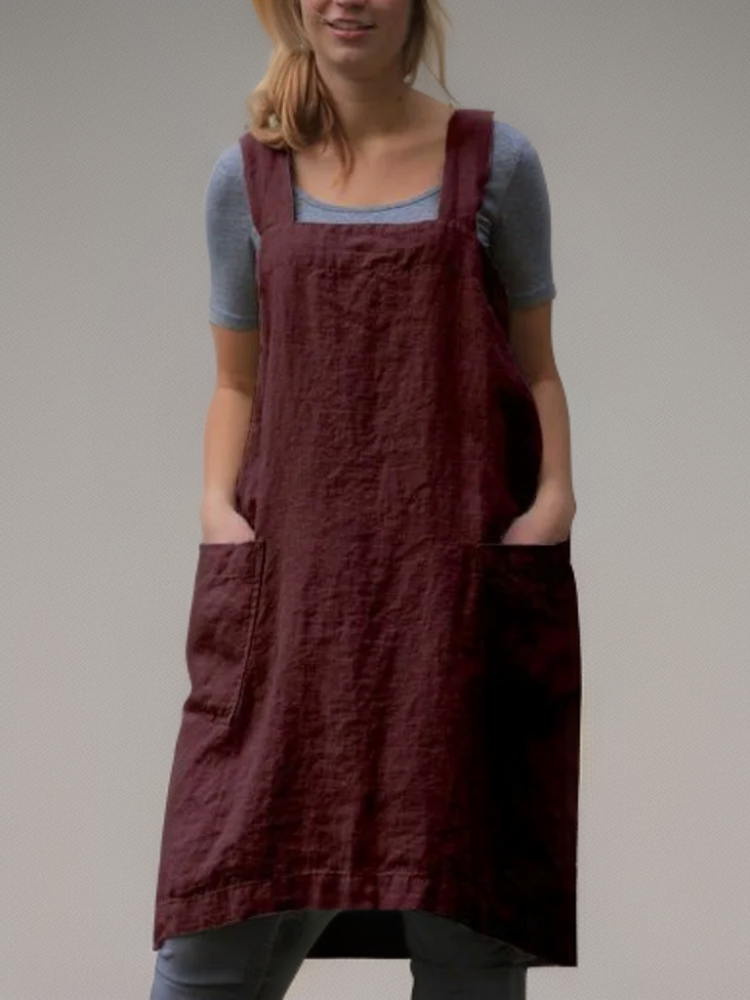 Cotton-Linen Apron Dress with Pockets for Women