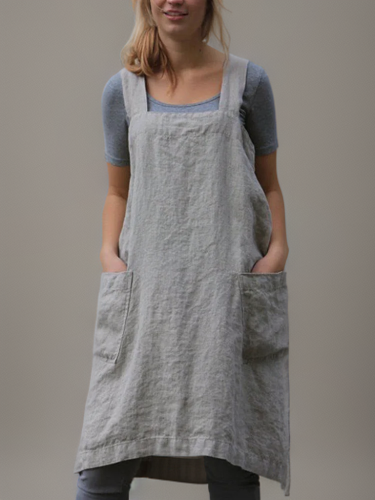 Cotton-Linen Apron Dress with Pockets for Women