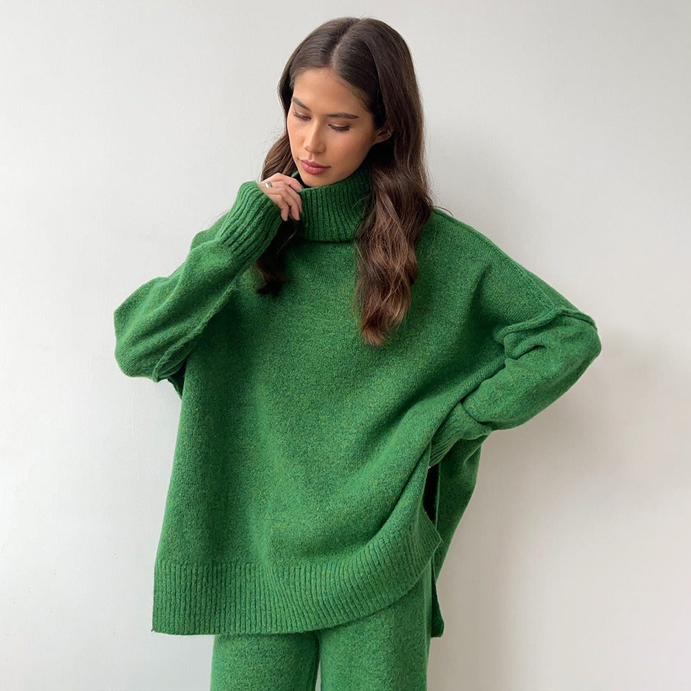Women's Sweater Set – Oversized Fit – Chunky Knit – Turtleneck and Wide-Leg Pants