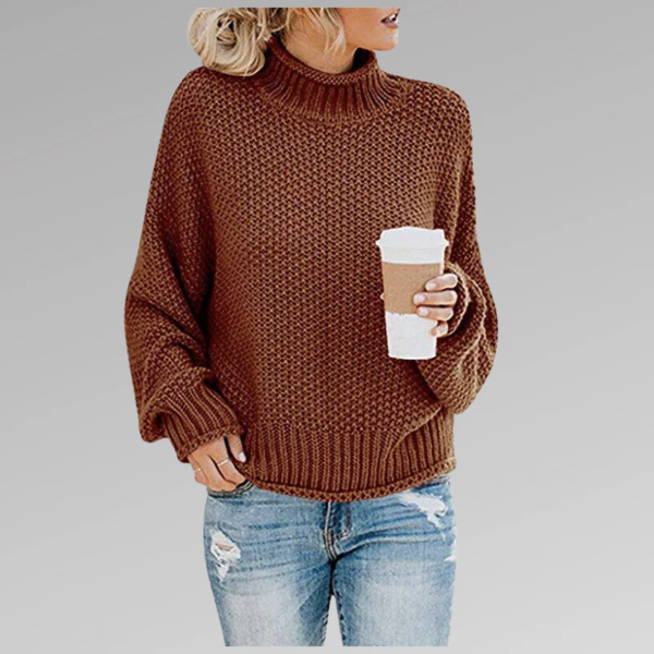 Ladies sweater – Relaxed fit – High ribbed collar – Chunky knit with dropped shoulders