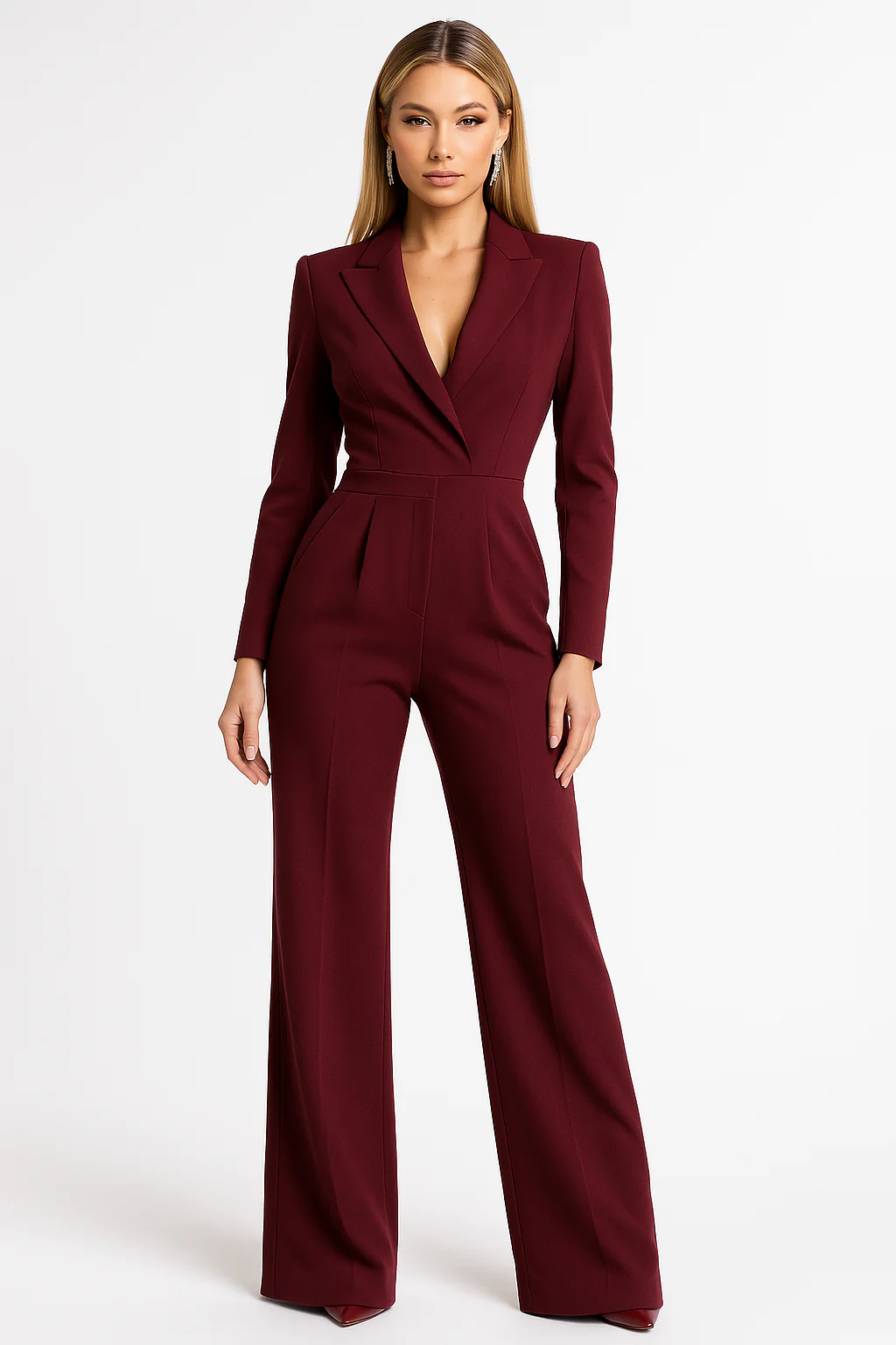 Women's Jumpsuit – Tailored Fit – V-Neck – Long Sleeve – Wide Legs Elegant Look