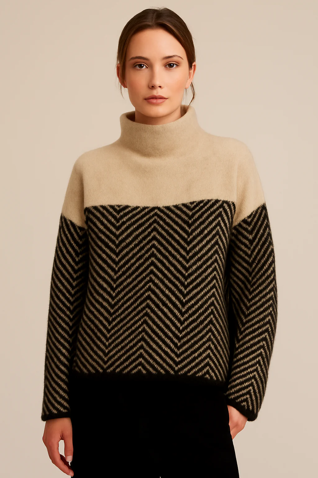 Women's Turtleneck Sweater – Wool – Relaxed Fit – Chevron Knit – Hip Length – Long Sleeve