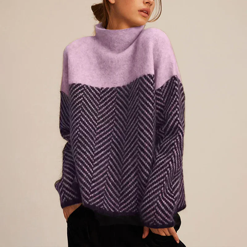 Women's Turtleneck Sweater – Wool – Relaxed Fit – Chevron Knit – Hip Length – Long Sleeve