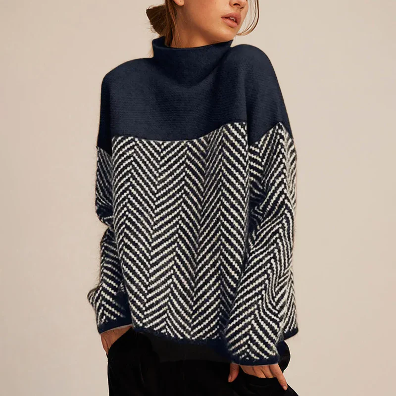 Women's Turtleneck Sweater – Wool – Relaxed Fit – Chevron Knit – Hip Length – Long Sleeve