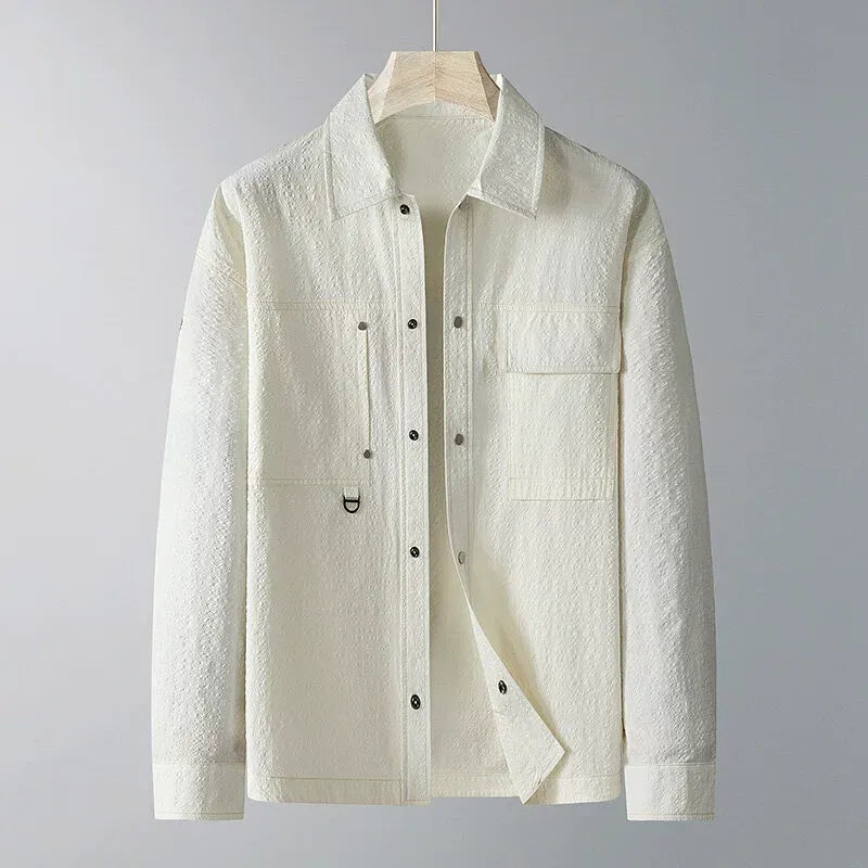 Men's Jacket – Loose Fit – Textured Fabric – Point Collar – Chest Pockets – D-Ring Detail