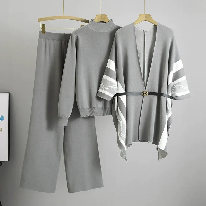 Women's 3-piece knitted set – Turtleneck sweater – Wide pants – Cardigan with belt