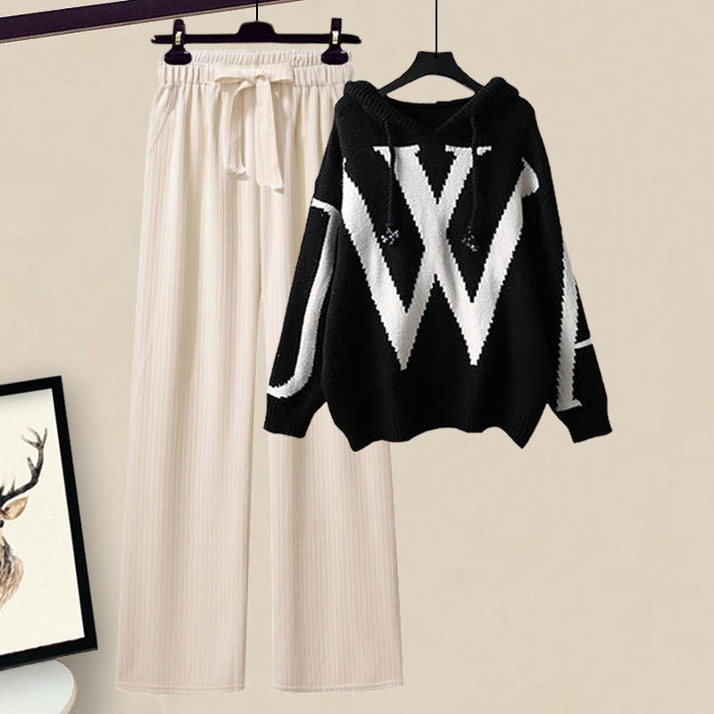Ladies Two-Piece Set – Knitted Hoodie – Relaxed Fit – High Waist Wide Pants