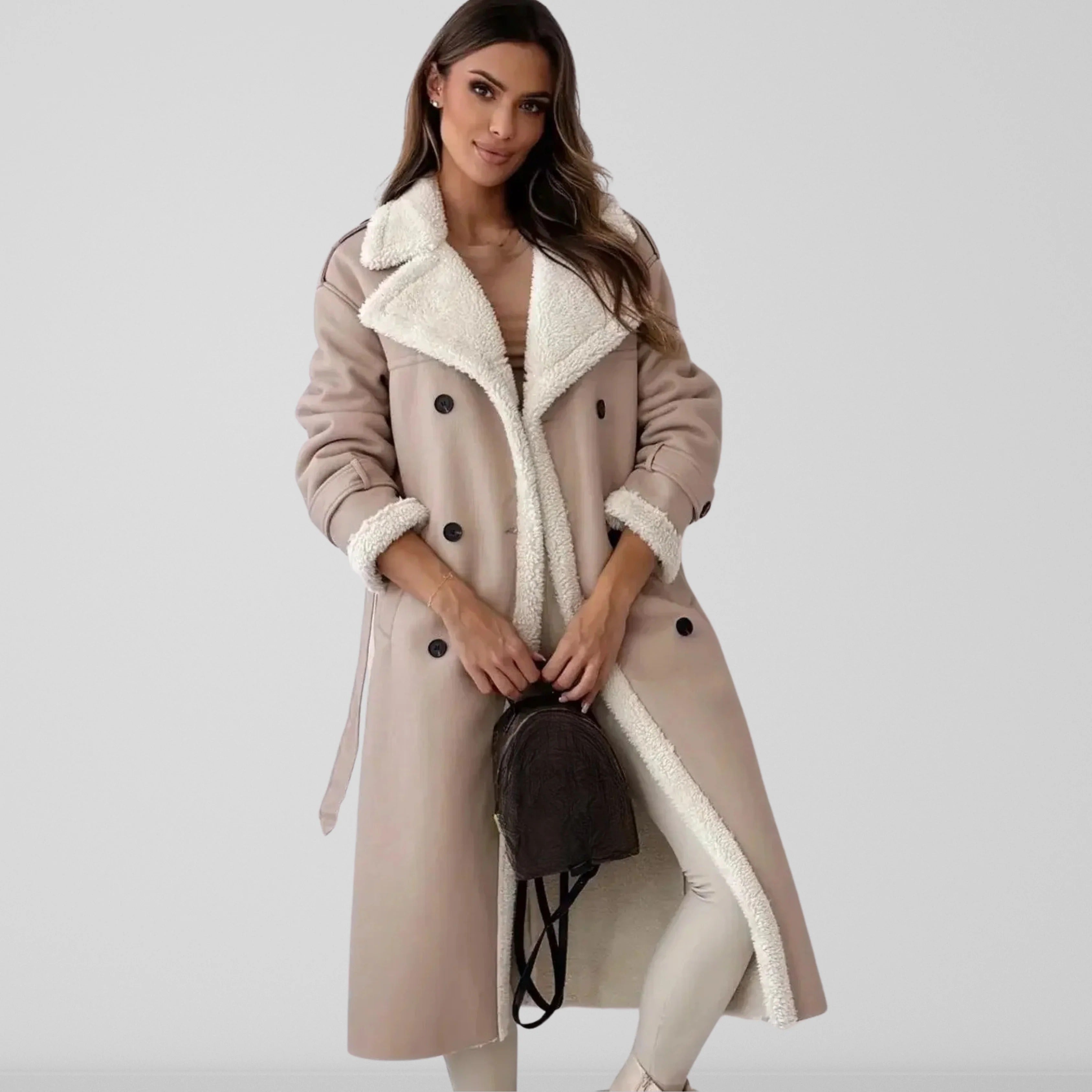 Women's Long Coat – Oversized Fit – Double-Breasted – Wool-look With Fleece Collar